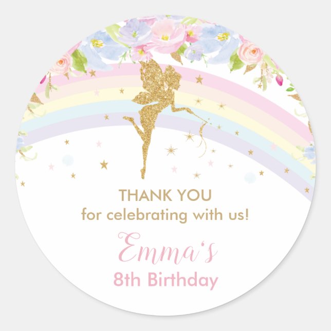 Chic Rainbow Fairy Girl Birthday Thank You Favour  Classic Round Sticker (Front)