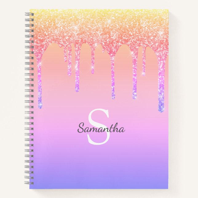 Chic Rainbow Glitter Drips Sparkle Monogram Name Notebook (Front)
