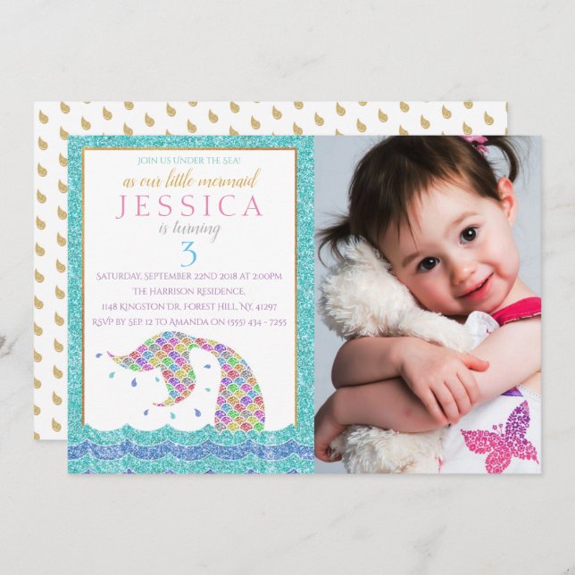 Chic Rainbow Glitter Mermaid Photo 3rd Birthday Invitation (Front/Back)
