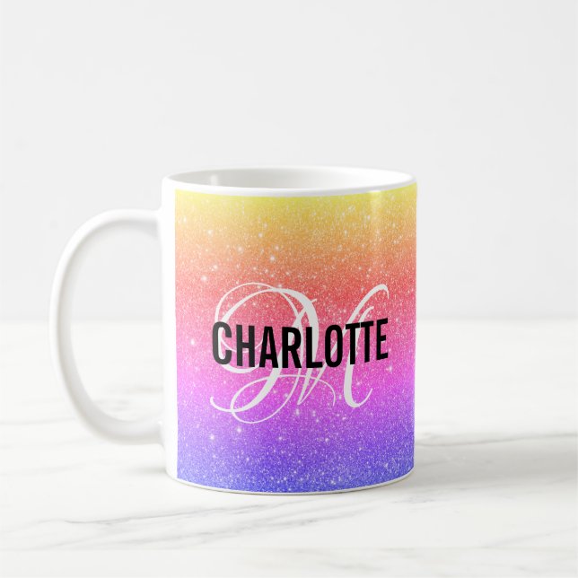 Chic rainbow glitter monogram name coffee mug (Left)