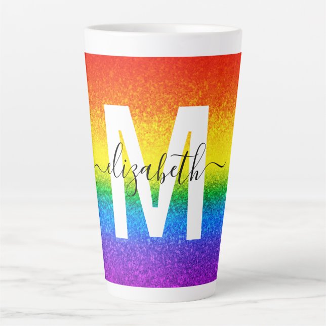 Chic Rainbow Glitter Stripe Monogram Name Latte Mug (Front)