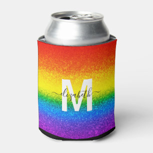 Chic Rainbow Glitter Stripes Monogram Name Can Cooler