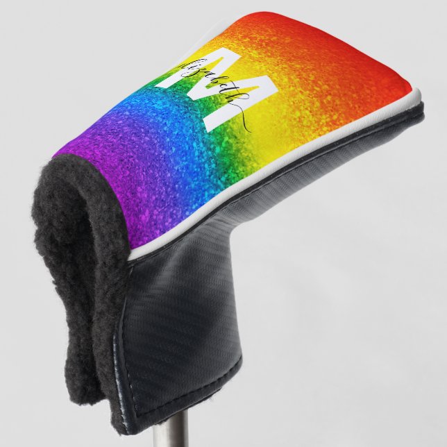Chic Rainbow Glitter Stripes Monogram Name Golf Head Cover (3/4 Front)
