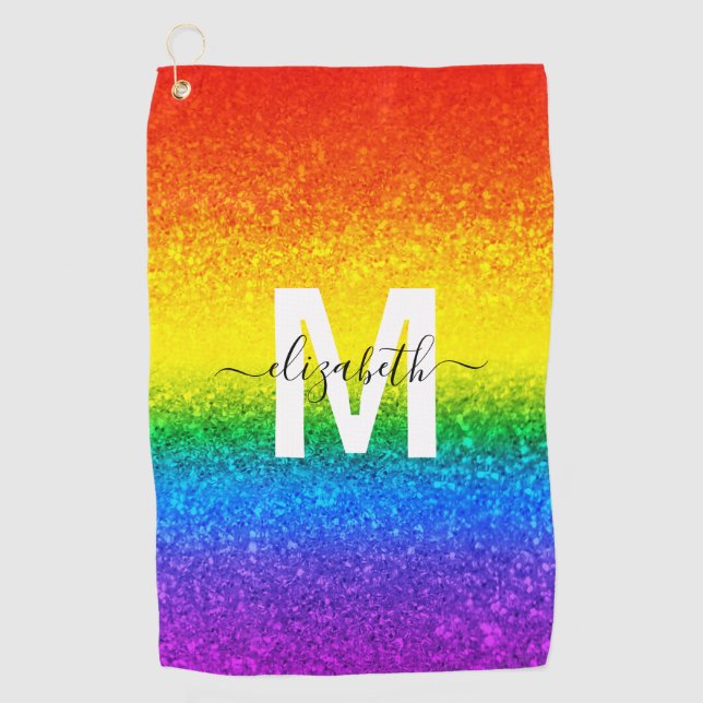 Chic Rainbow Glitter Stripes Monogram Name Golf Towel (Front)
