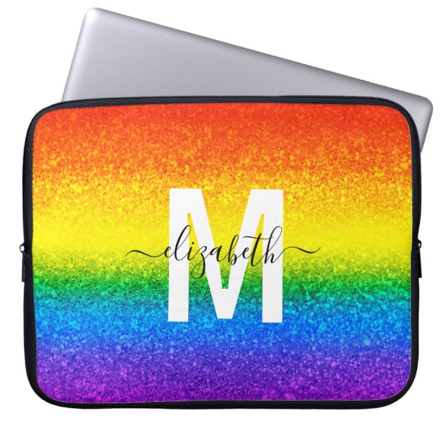 Chic Rainbow Glitter Stripes Monogram Name Laptop Sleeve (Front)