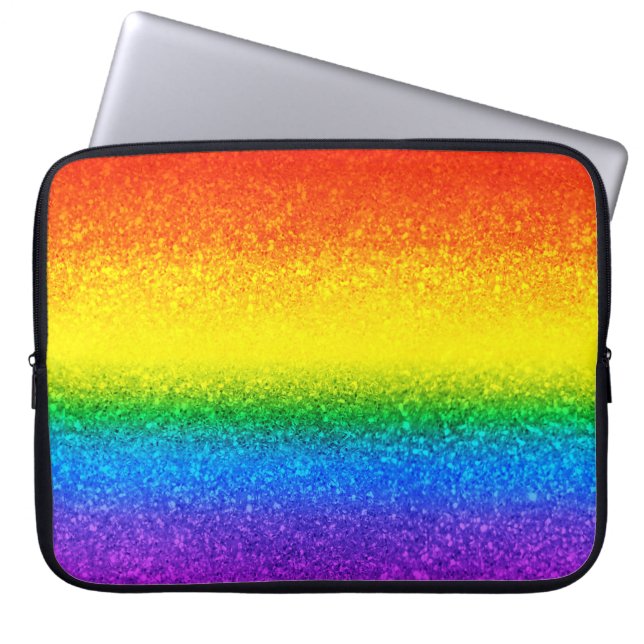 Chic Rainbow Glitter Stripes Monogram Name Laptop Sleeve (Front)