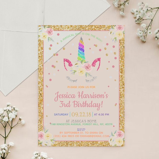 Chic Rainbow Glitter Unicorn Any Age Birthday Acrylic Invitations (Creator Uploaded)