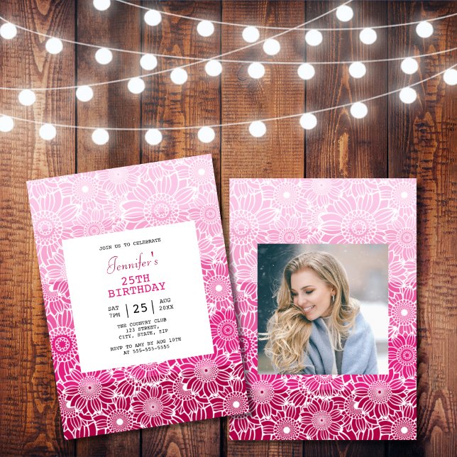 Chic Rainbow Pink Stripes Floral Photo Birthday  Invitation (Creator Uploaded)