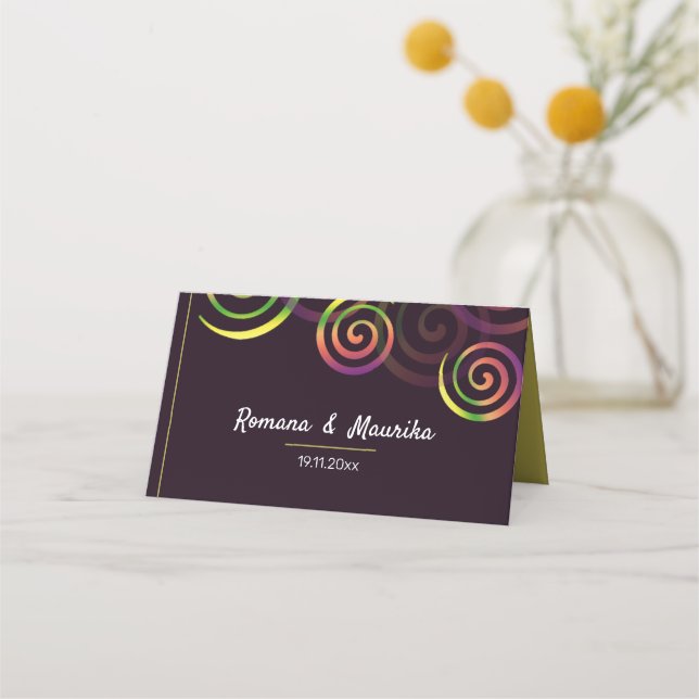 Chic Rainbow Spirals On Deep Purple And Mustard Place Card (Front)