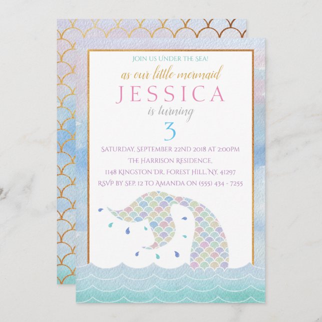 Chic Rainbow Watercolor Mermaid Any Age Birthday Invitation (Front/Back)