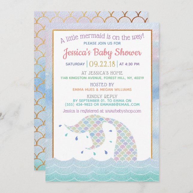 Chic Rainbow Watercolor Mermaid Baby Shower Invitation (Front/Back)
