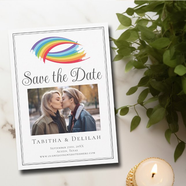 Chic Rainbow Wave LGBT Couple Photo Save The Date (Creator Uploaded)