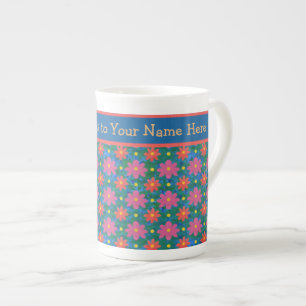 Chic Rangoli Floral Pattern and Polka Dots, Blue Bone China Mug