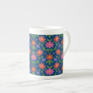Chic Rangoli Flowers and Polka Dots on Blue Bone China Mug