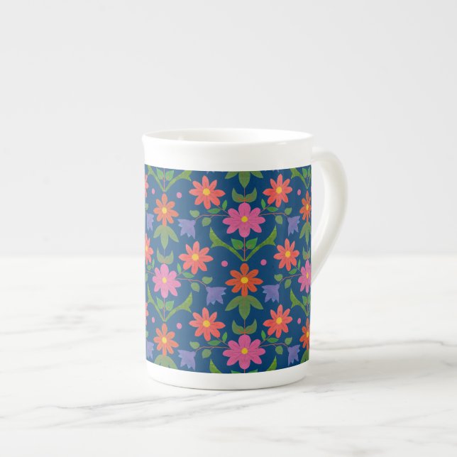 Chic Rangoli Flowers and Polka Dots on Blue Bone China Mug (Front Right)