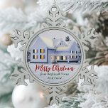 Chic Real Estate Company Custom Realtor Christmas Snowflake Pewter Christmas Ornament<br><div class="desc">This beautiful custom real estate Christmas ornament is perfect for a realty company located up north. Gorgeous white snow lines the trees and house on this winter holiday gift. A realtor can keep Merry Christmas in red and green script or customise with their own seasons greetings.</div>