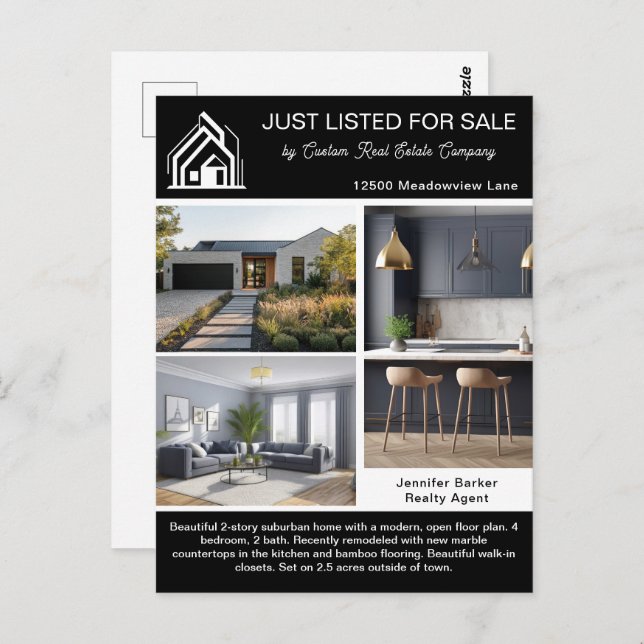Chic Real Estate Company Home Listing Black White Postcard (Front/Back)