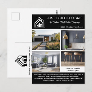 Chic Real Estate Home Listing Modern Black White Postcard