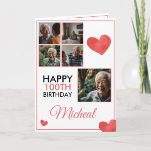 Chic Red 5 Photo Collage 100th Birthday Card