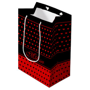 Chic Red and Black Hearts Pattern, Name Template Medium Gift Bag