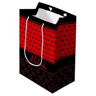 Chic Red and Black Hearts Pattern, Name Template Medium Gift Bag