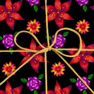 Chic Red and Black Tropical Exotic Floral Pattern Wrapping Paper
