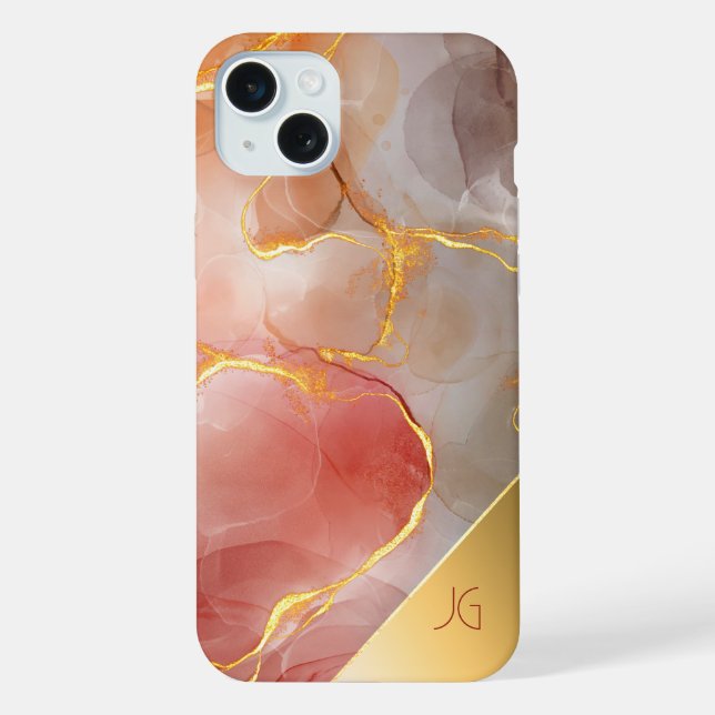 Chic Red and Gold Agate Monogram iPhone Case (Back)