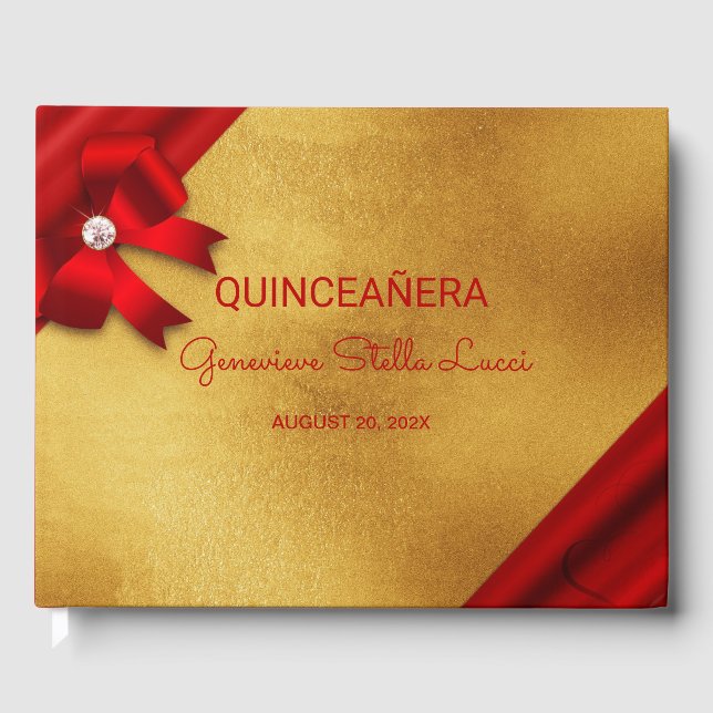 Chic Red and Gold Quinceañera Guest Book (Front)