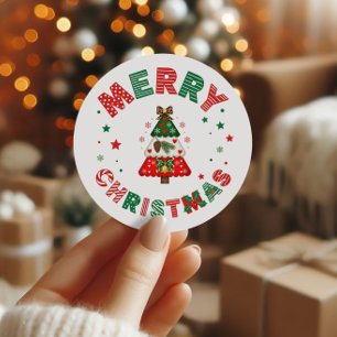 Chic Red and Green Merry Christmas Tree Holiday Classic Round Sticker
