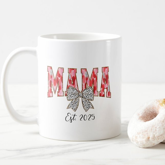 Chic Red and Pink Coquette Bow Mama Coffee Mug (Chic brushstroke “Mama” mug with glitter accents, a coquette bow, and custom “Est. [Your Year].”)