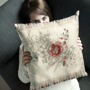 Chic Red And White Plaid Floral Cushion