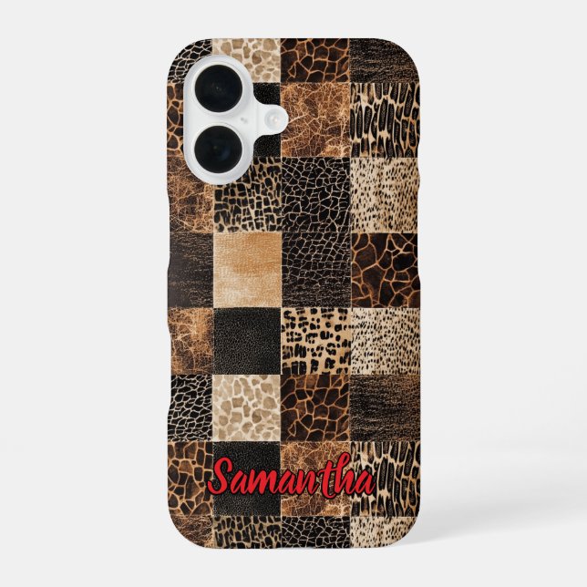 Chic Red Animal Print Leopard Monogram iPhone 16 Case (Back)