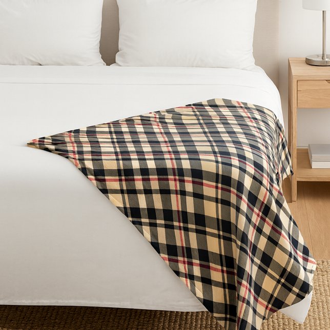 Chic Red Beige Black White Plaid Stripes Pattern Fleece Blanket (Creator Uploaded)