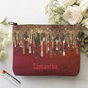 Chic red black and gold glitter drips monogram  accessory pouch