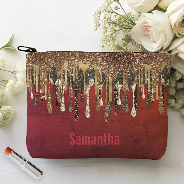 Chic red black and gold glitter drips monogram  accessory pouch (Creator Uploaded)