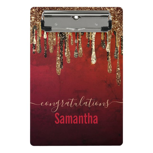 Chic red black and gold glitter drips monogram cli mini clipboard (Front)