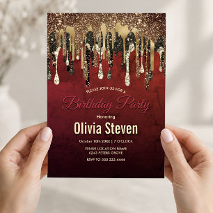 Chic red black and gold glitter drips monogram invitation