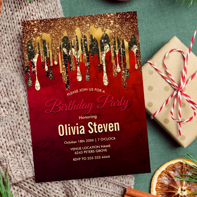 Chic red black and gold glitter drips monogram  invitation (Creator Uploaded)
