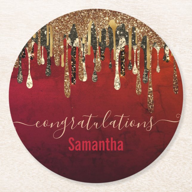 Chic red black and gold glitter drips monogram pap round paper coaster (Front)