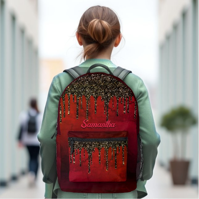 Chic red black and gold glitter drips monogram   printed backpack (Creator Uploaded)
