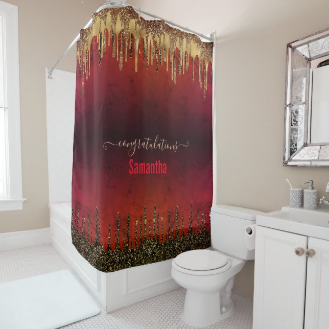 Chic red black and gold glitter drips monogram  shower curtain (In Situ)