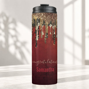 Chic red black and gold glitter drips monogram thermal tumbler