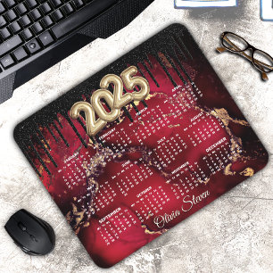 Chic red black drip glitter monogram 2025 calendar mouse pad