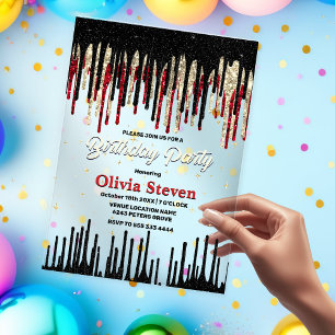 Chic red black drip glitter monogram birthday  acrylic invitations