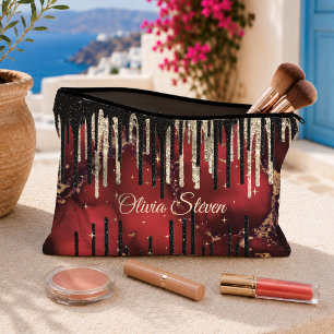 Chic red black drippings glitter monogram accessory pouch