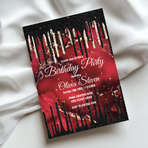 Chic red black drippings glitter monogram invitation