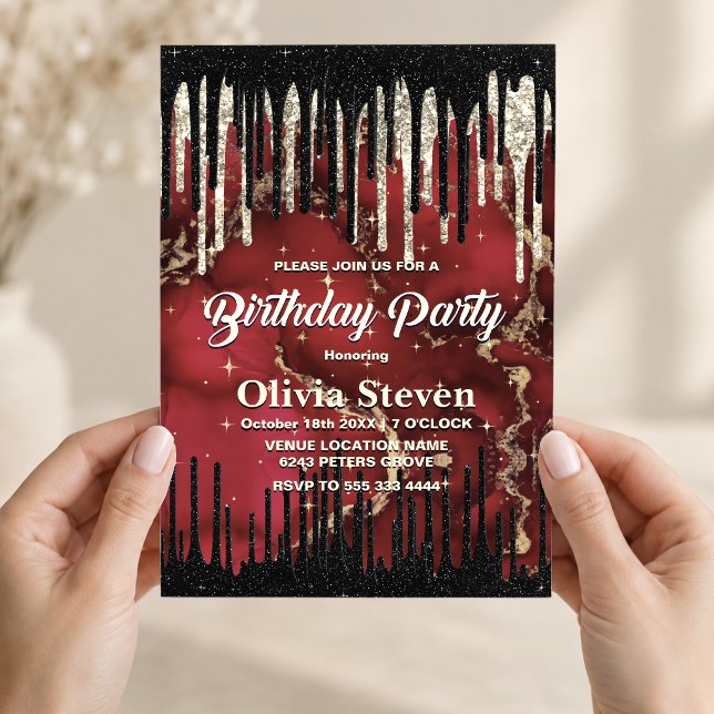 Chic red black drippings glitter monogram invitation (Creator Uploaded)