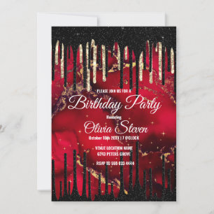 Chic red black drippings glitter monogram invitation