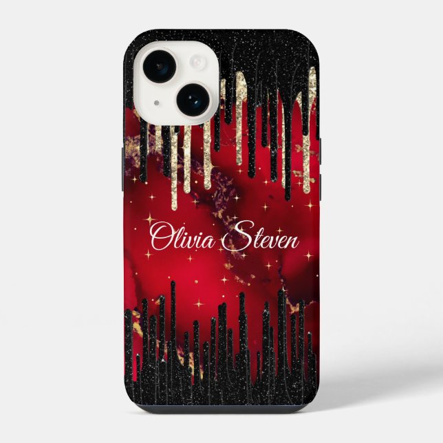 Chic red black drippings glitter monogram iPhone case (Back)