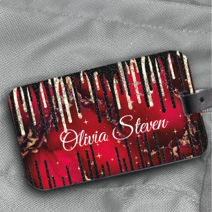 Chic red black drippings glitter monogram luggage tag